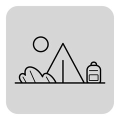Simple line icon of camping area with tent, backpack, and sun above. Concept of outdoor adventure and leisure time spent in nature