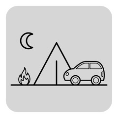 Campsite with tent set beside parked car with small fire nearby. Moon illuminating scene, creating peaceful outdoor atmosphere for relaxation
