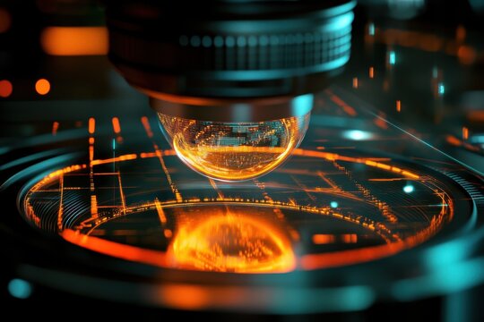 Scope scanning and data processing on a black background with illuminated patterns and futuristic lens design, scope scanning and data processing over black background - Powered by Adobe