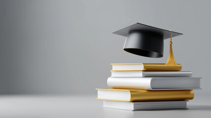 Graduation cap hovering over a stack of books, symbolizing academic success and knowledge foundation.