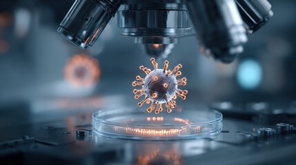Biotech lab robot displaying microscopic virus hologram on sterile clean background