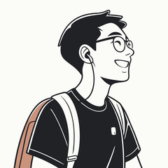 Smiling person with headphones and backpack