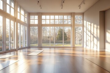 Fototapeta premium Sunlit yoga studio with expansive views and natural light for serene practice, Yoga studio with views and sunshine