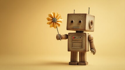 Boxy robot holding a toy windmill on a soft yellowish background