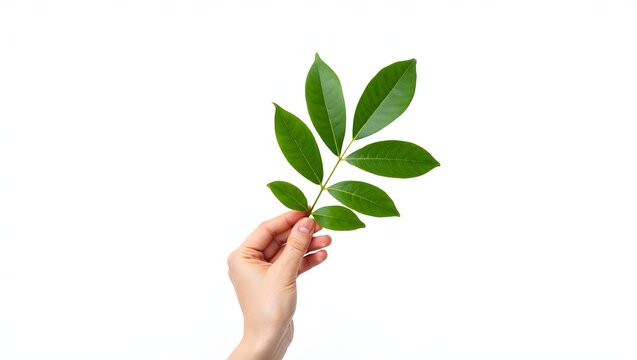 A hand gently holds a sprig of vibrant green leaves against a stark white background.