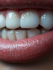 Fototapeta premium White teeth with lips close up macro on dark background.
