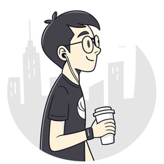 Young man with headphones and coffee in city illustration