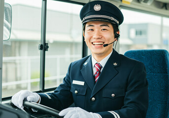 明るい笑顔で写るバス運転手