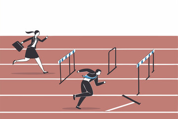Gender inequality woman or female discrimination, unfair opportunity or unequal, obstacle or difficulty for woman leadership concept, businesswoman compete with men with more difficulty hurdles.