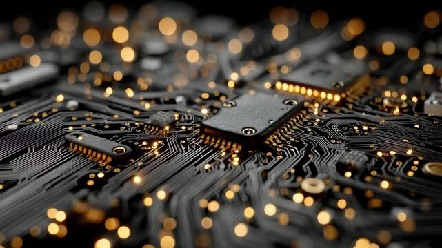 Close Up of Glowing Gold Circuit Board Microchips