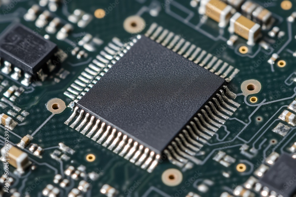 Poster closeup view of a detailed electronic circuit board showcasing a microchip and various components, c