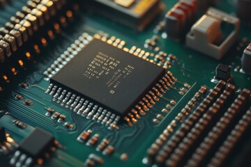 Fototapeta premium Closeup view of electronic circuit board featuring intricate microchip components and connectors, Close-up of electronic circuit board with microchip, technology