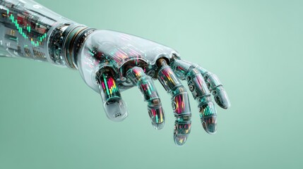 Cyber robot hand with financial heatmap chart suspended over light mint green