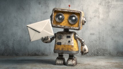 Courier robot holding a sealed envelope over a brushed concrete backdrop