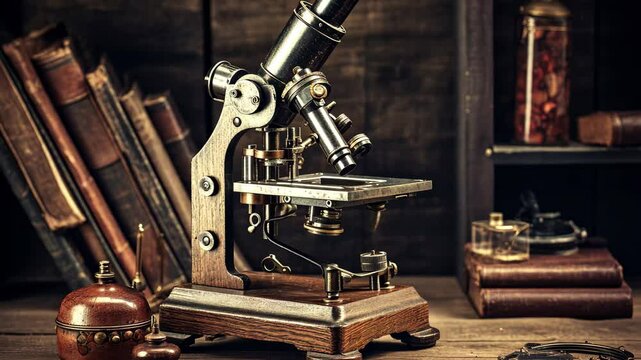A vintage microscope positioned elegantly on a wooden table surrounded by old books and scientific instruments in a dimly lit room, capturing the essence of early scientific exploration