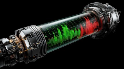 Cylindrical robot showing animated green and red chart overlays on black