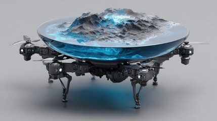 Cybernetic drone showcasing layered terrain hologram on ash grey background