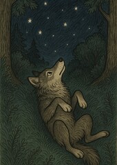 Wolf stargazing in forest