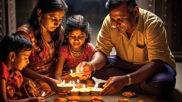Indian family engages in traditional prayers at a temple during a festival, lighting candles and sharing moments of devotion in the evening