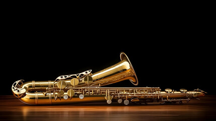 Naklejka premium Golden Saxophone On Dark Wooden Table