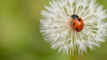 Close-up photo of a ladybug on a dandelion, showing the wonder of small wildlife in nature. Banner with space for text.