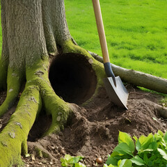 Tree uprooting and removal. Undermined walnut tree with chopped roots in a hole with an ax and a shovel. Close-up