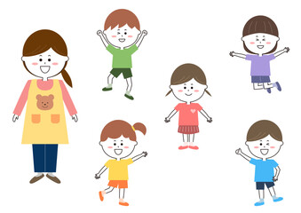 笑顔の先生と子供たちのイラスト