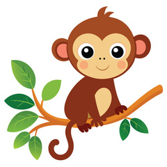 Cute Monkey on Tree Branch Vector, Adorable Jungle Animal Monkey icon