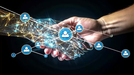 Digital hands shaking to symbolize secure e-commerce in a virtual environment, representing trust and collaboration in technology - Powered by Adobe