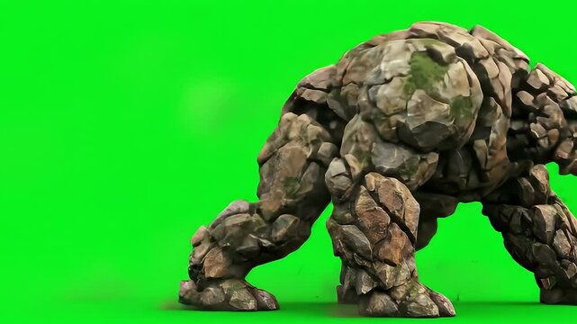 A walking stone golem or rock monster on a green screen