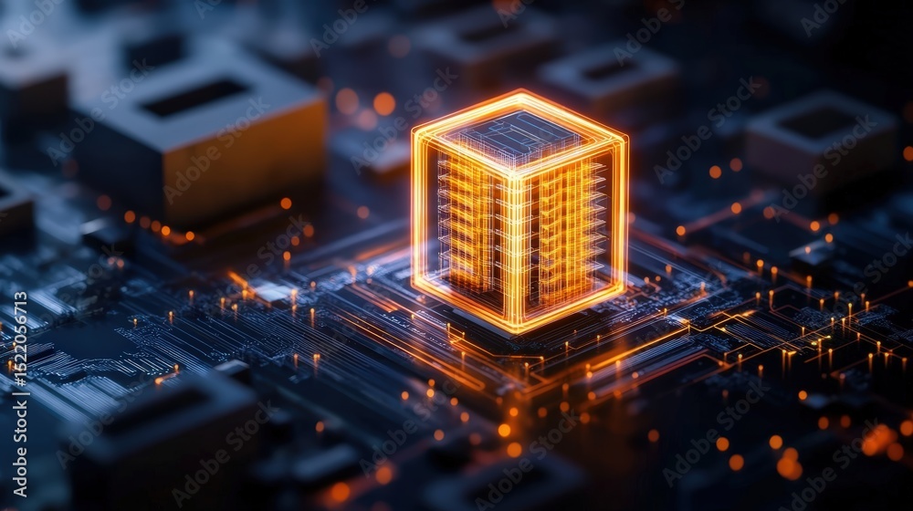Poster highly detailed digital illustration of blockchain technology with glowing data cube on circuit boar