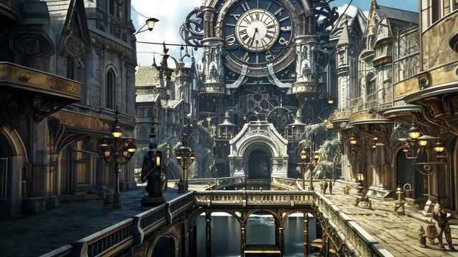 A bustling steampunk city with intricate clock towers, steam-powered machinery, and busy streets filled with citizens and visitors during a sunny afternoon