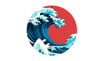 Water wave graphic on red circle background in Japanese style