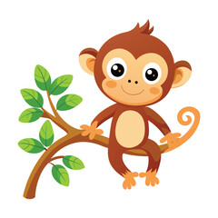 Cute Monkey Playing on Tree Branch, Jungle Animal Silhouette Vector icon