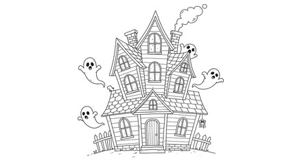 Halloween coloring page, haunted house with ghosts coming out of it

