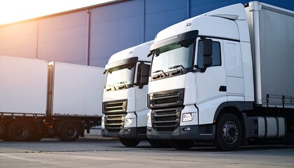 Fototapeta premium White Semi Trucks Parked at Logistics Warehouse