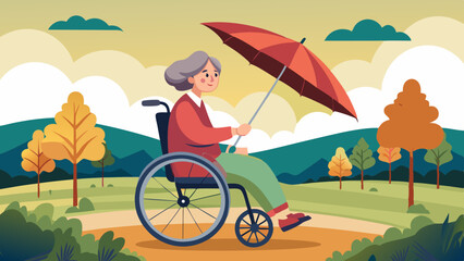 Naklejka premium Senior Woman in Wheelchair Using Umbrella as Sail – Whimsical Vector Illustration