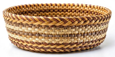 Traditional handwoven basketry with natural fiber yarns woven into a complex basketweave pattern