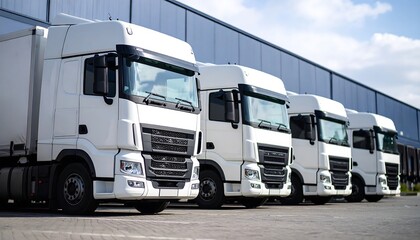 Fleet of White Semi Trucks Parked at a Warehouse