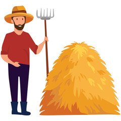 farmer with a shovel arranging hay