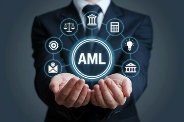 Businessperson Presenting AML Compliance Concept with Icons of Law, Finance, and Security on a Futuristic Interface