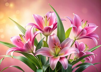 Naklejka premium Vibrant fresh spring pink lilies stand tall surrounded by lush green leaves against a soft pastel pink background