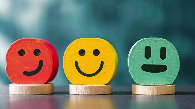 Customer service evaluation with colorful smiley faces representing feedback in a vibrant setting during a business review session