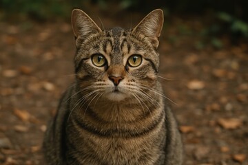 Curious tabby cat outdoors.