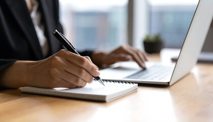 Close-up of a Businesswoman's Hands Writing in a Notebook While Using a Laptop