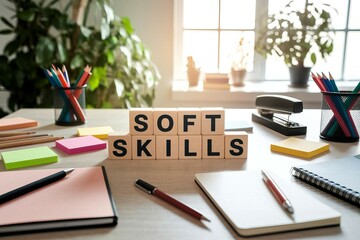 Wooden Blocks Spelling Soft Skills on a Desk with Office Supplies and Plants
