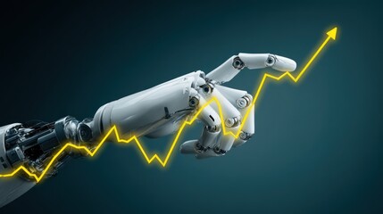 Minimalistic robot arm holding bright yellow line graph over dark teal base