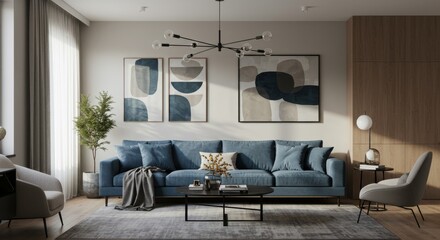 Modern Living Room Interior Design  - Sophisticated, serene, minimalist living space. Blue sofa, abstract art, natural light, wooden accents, tranquil atmosphere