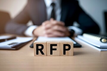 RFP Acronym on Wooden Blocks on Desk with Blurred Businessperson in Background