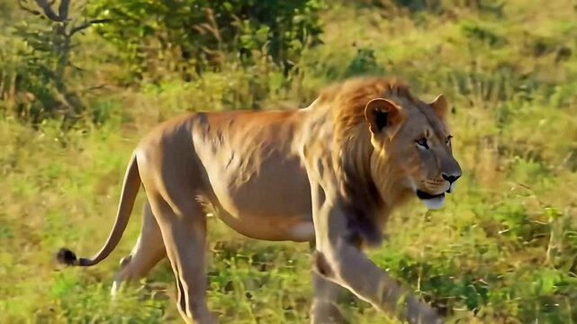 alpha male lion walking in forest